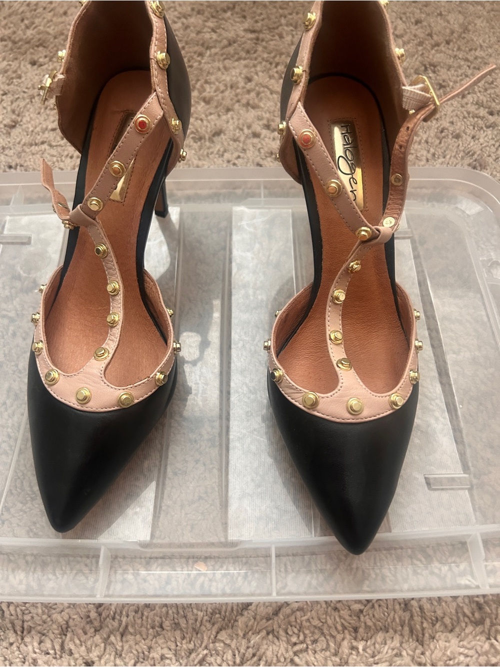 Halogen Black and Blush Pointed Stud-Trim T-Strap Heels
